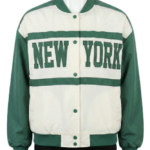 A high-end white and green satin varsity jackets mens with a bespoke fit.