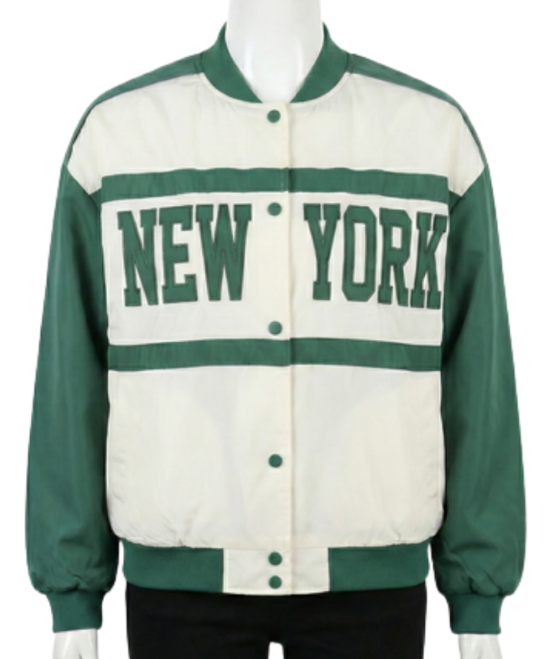 A high-end white and green satin varsity jackets mens with a bespoke fit.