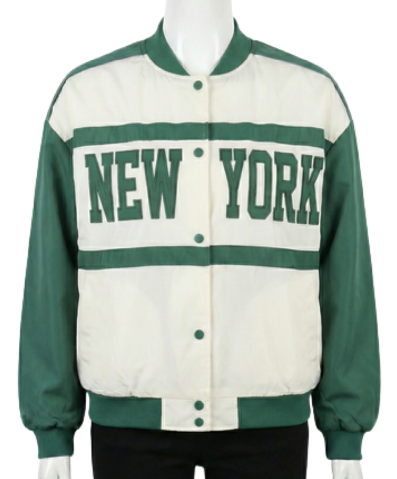 A high-end white and green satin varsity jackets mens with a bespoke fit.
