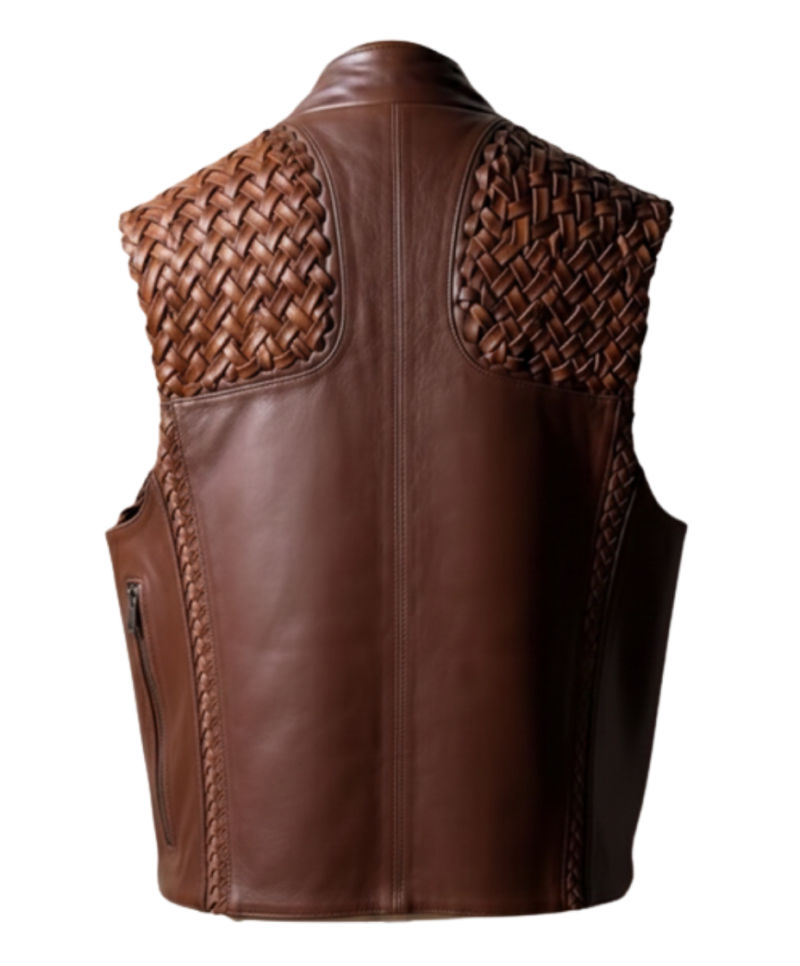 A handcrafted dark coffee interlaced leather waistcoat men showing the leather vest for men texture.