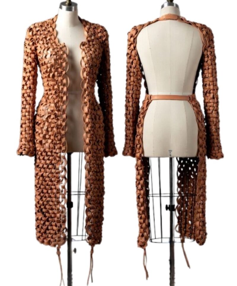 A high-end leather coat women featuring a detailed long leather coat women woven texture in saddle brown.