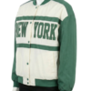 A high-end white and green satin varsity jackets mens with a bespoke fit.