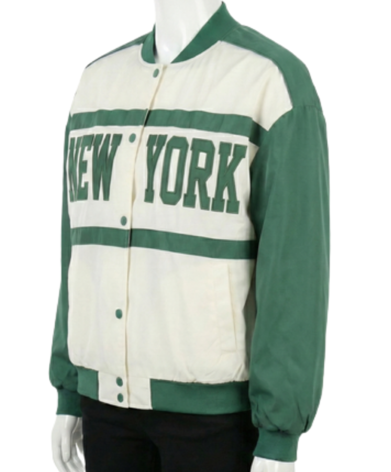 A high-end white and green satin varsity jackets mens with a bespoke fit.