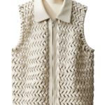 A handcrafted french grey braided leather gilet women showing the womens black leather vest texture.