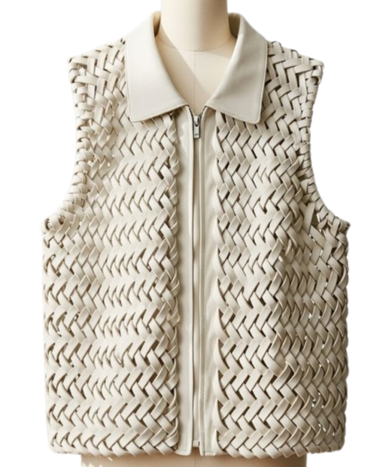 A handcrafted french grey braided leather gilet women showing the womens black leather vest texture.