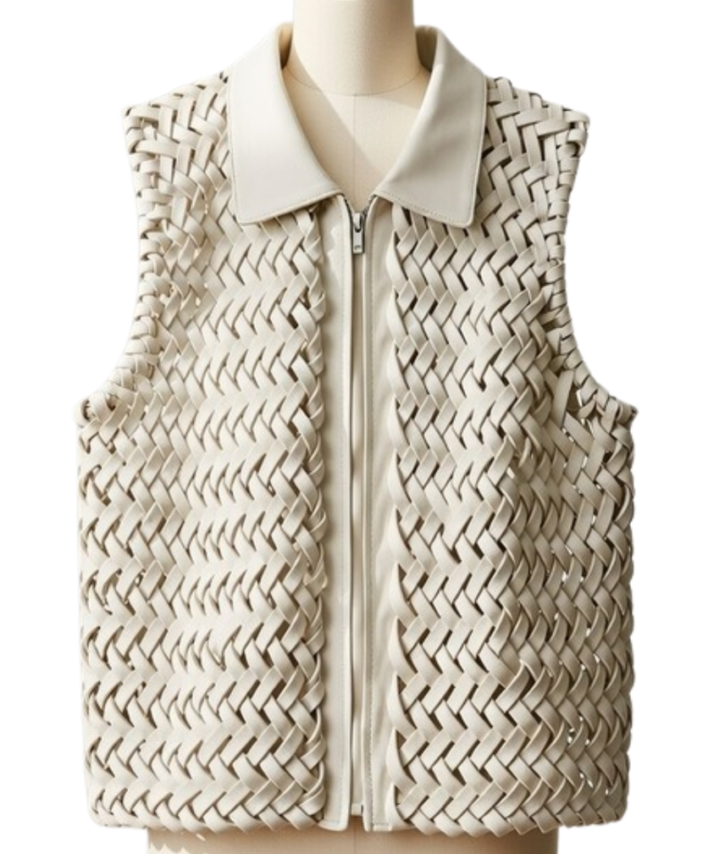 A handcrafted french grey braided leather gilet women showing the womens black leather vest texture.