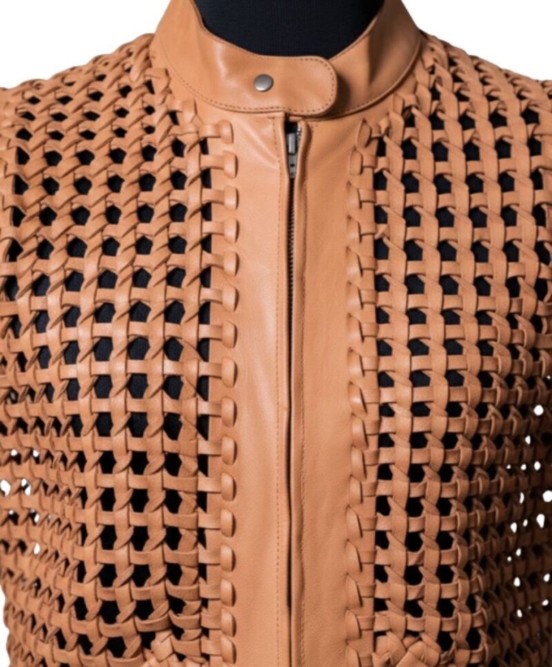 A high-end leather vest women featuring a detailed women's leather vest woven texture in pastel peach.