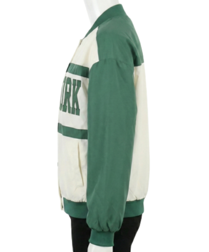A high-end white and green satin varsity jackets mens with a bespoke fit.