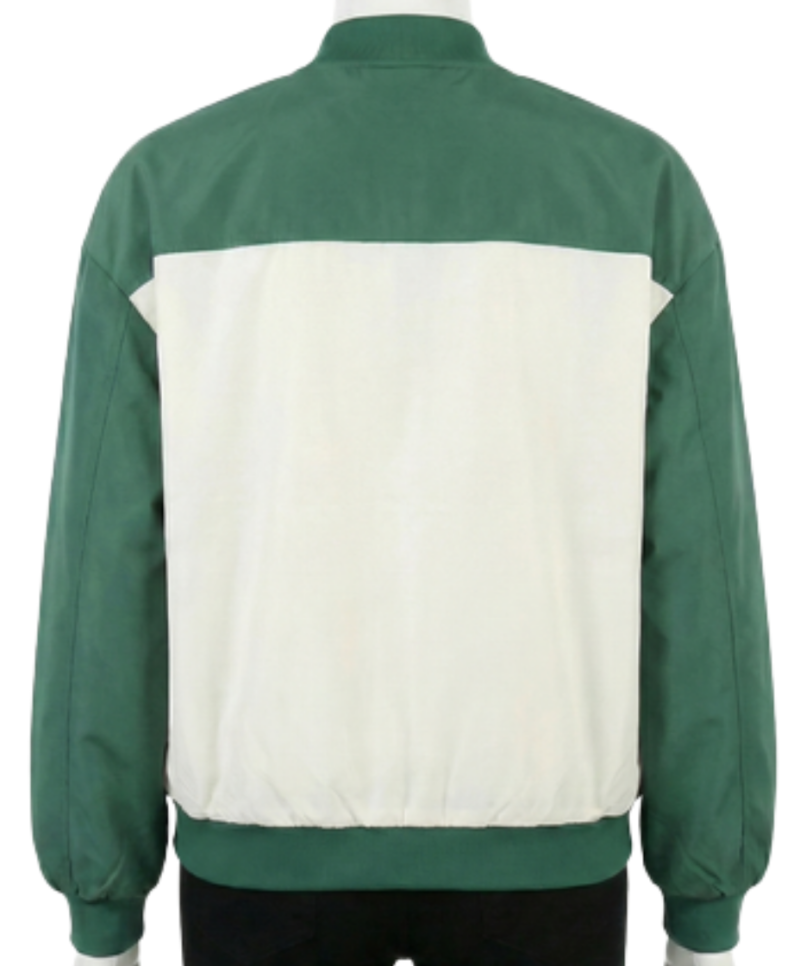 A high-end white and green satin varsity jackets mens with a bespoke fit.