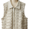 A handcrafted french grey braided leather gilet women showing the womens black leather vest texture.