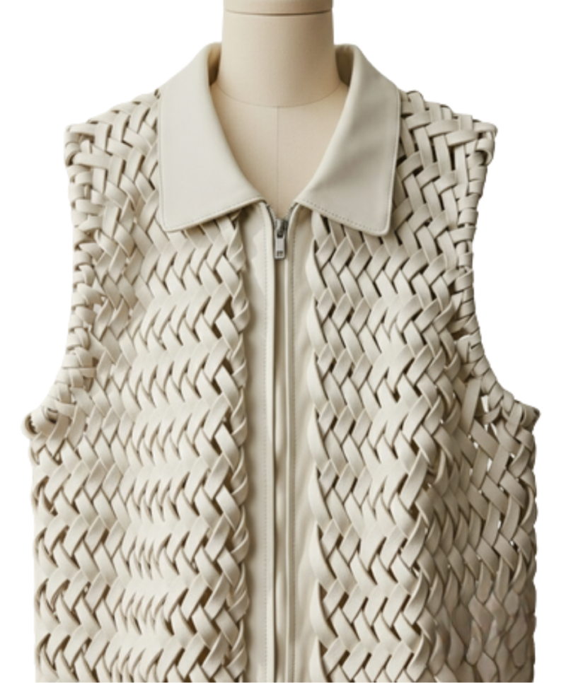 A handcrafted french grey braided leather gilet women showing the womens black leather vest texture.