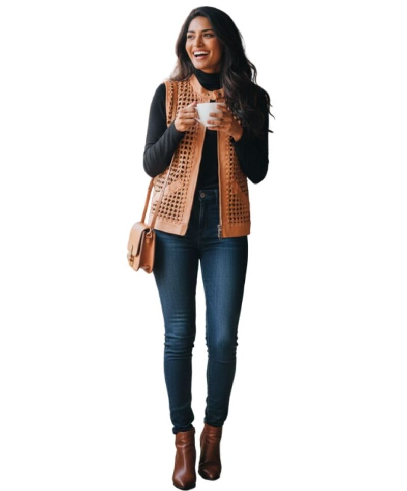 A high-end leather vest women featuring a detailed women's leather vest woven texture in pastel peach.