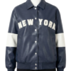 A luxury charcoal blue leather design featuring the navy blue varsity jacket style.