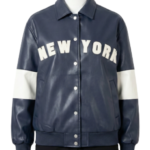 A luxury charcoal blue leather design featuring the navy blue varsity jacket style.