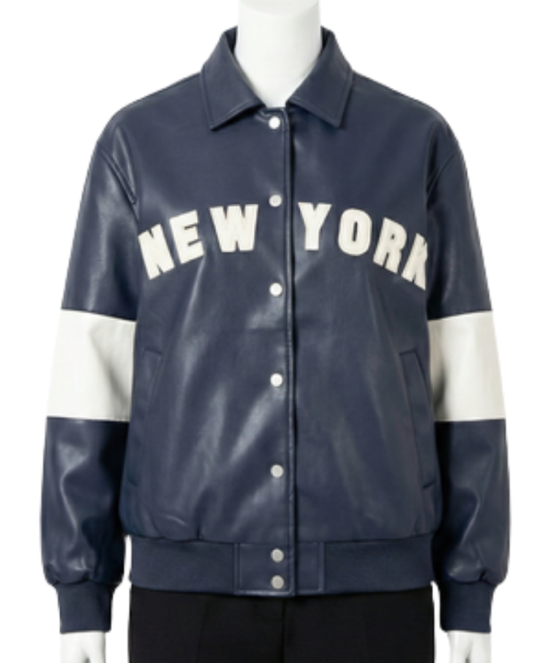 A luxury charcoal blue leather design featuring the navy blue varsity jacket style.