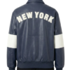 A luxury charcoal blue leather design featuring the navy blue varsity jacket style.