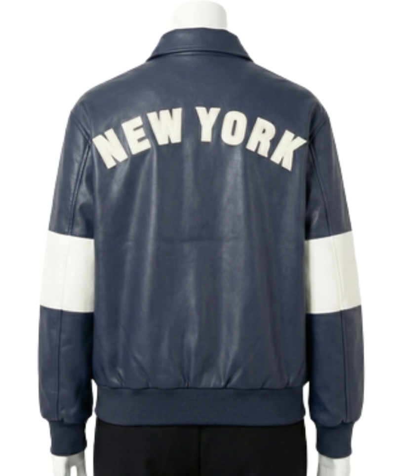 A luxury charcoal blue leather design featuring the navy blue varsity jacket style.