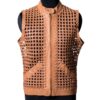 A high-end leather vest women featuring a detailed women's leather vest woven texture in pastel peach.