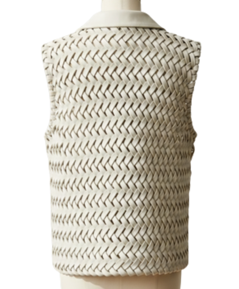 A handcrafted french grey braided leather gilet women showing the womens black leather vest texture.