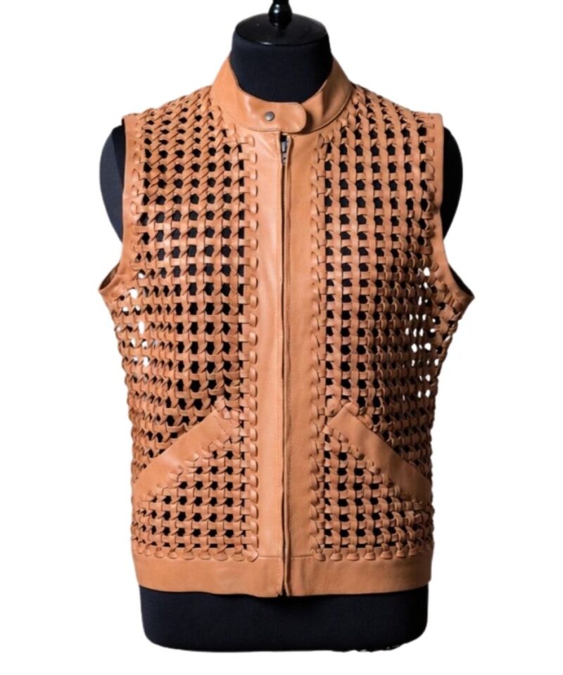 A high-end leather vest women featuring a detailed women's leather vest woven texture in pastel peach.