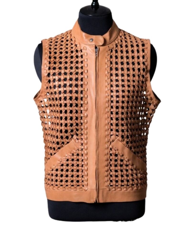 A high-end leather vest women featuring a detailed women's leather vest woven texture in pastel peach.