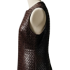 A handcrafted burnt coffee braided leather body warmer women showing the womens black leather vest texture.