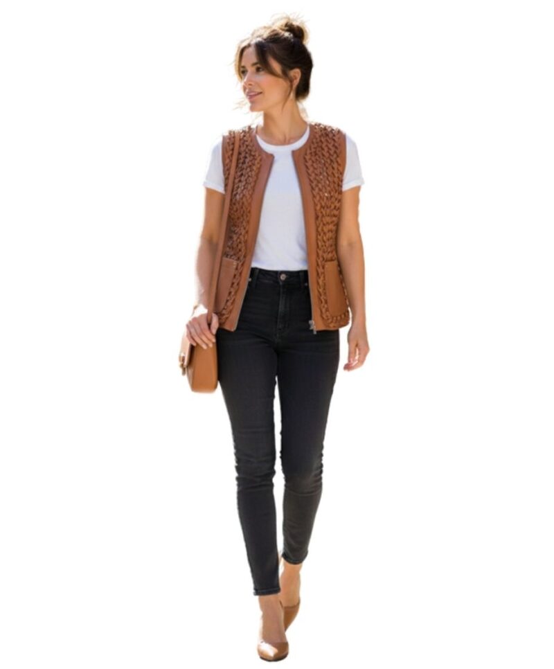 A high-end leather vest women featuring a detailed women's leather vest woven texture in metallic copper.