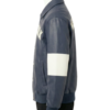 A luxury charcoal blue leather design featuring the navy blue varsity jacket style.