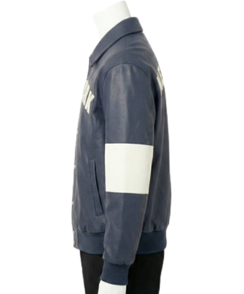 A luxury charcoal blue leather design featuring the navy blue varsity jacket style.