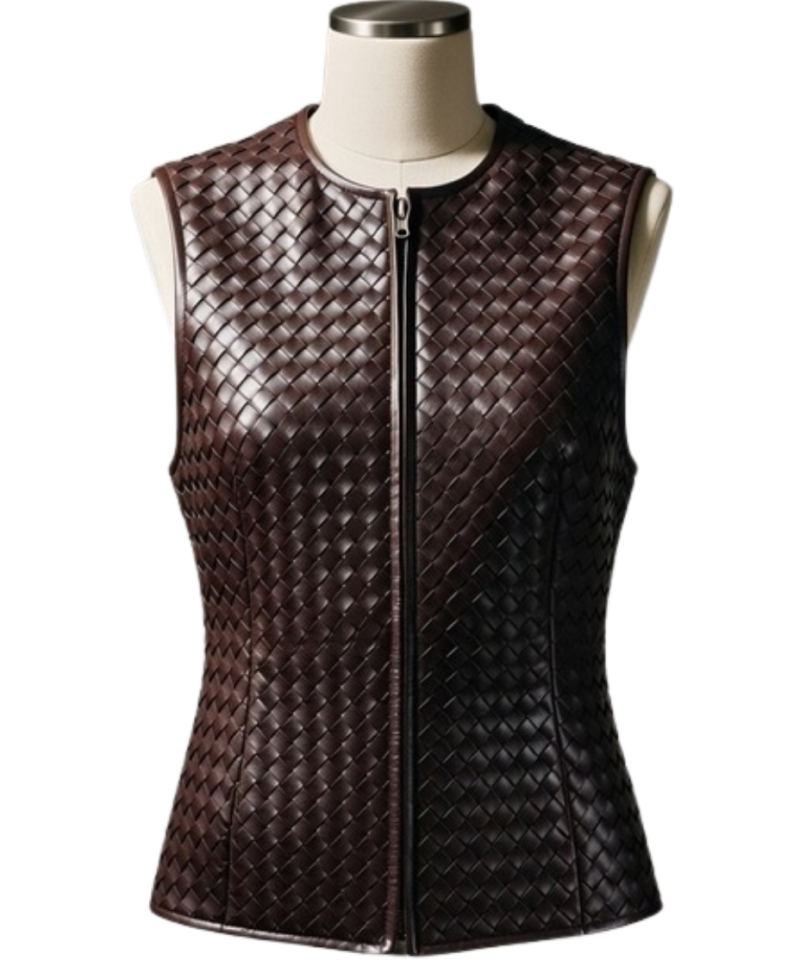 A handcrafted burnt coffee braided leather body warmer women showing the womens black leather vest texture.