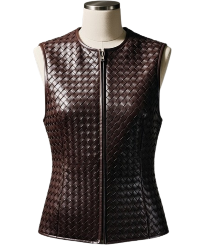 A handcrafted burnt coffee braided leather body warmer women showing the womens black leather vest texture.