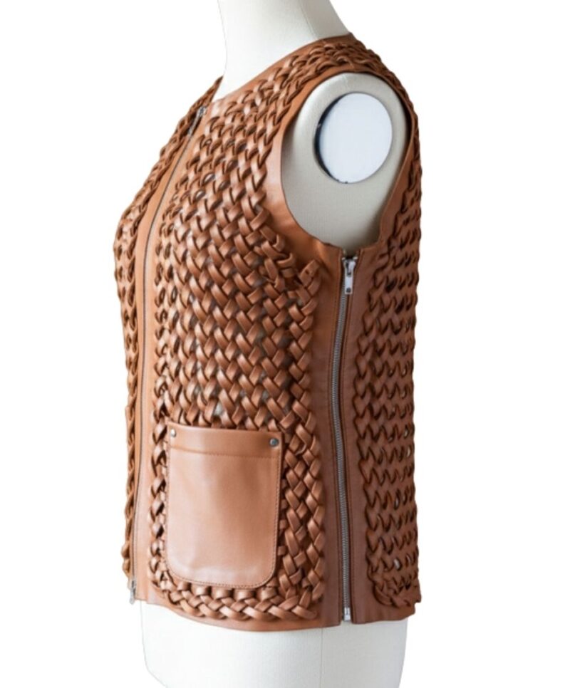 A high-end leather vest women featuring a detailed women's leather vest woven texture in metallic copper.