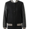 A luxury black wool and leather design featuring the black varsity jacket mens style.