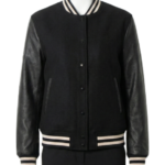A luxury black wool and leather design featuring the black varsity jacket mens style.