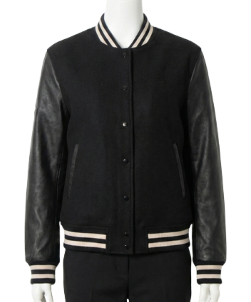 A luxury black wool and leather design featuring the black varsity jacket mens style.
