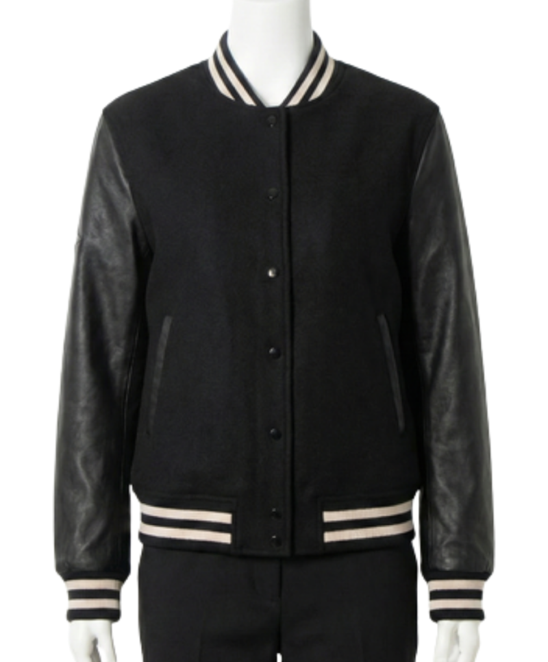 A luxury black wool and leather design featuring the black varsity jacket mens style.