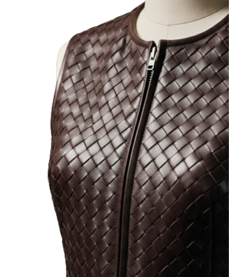 A handcrafted burnt coffee braided leather body warmer women showing the womens black leather vest texture.