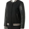 A luxury black wool and leather design featuring the black varsity jacket mens style.