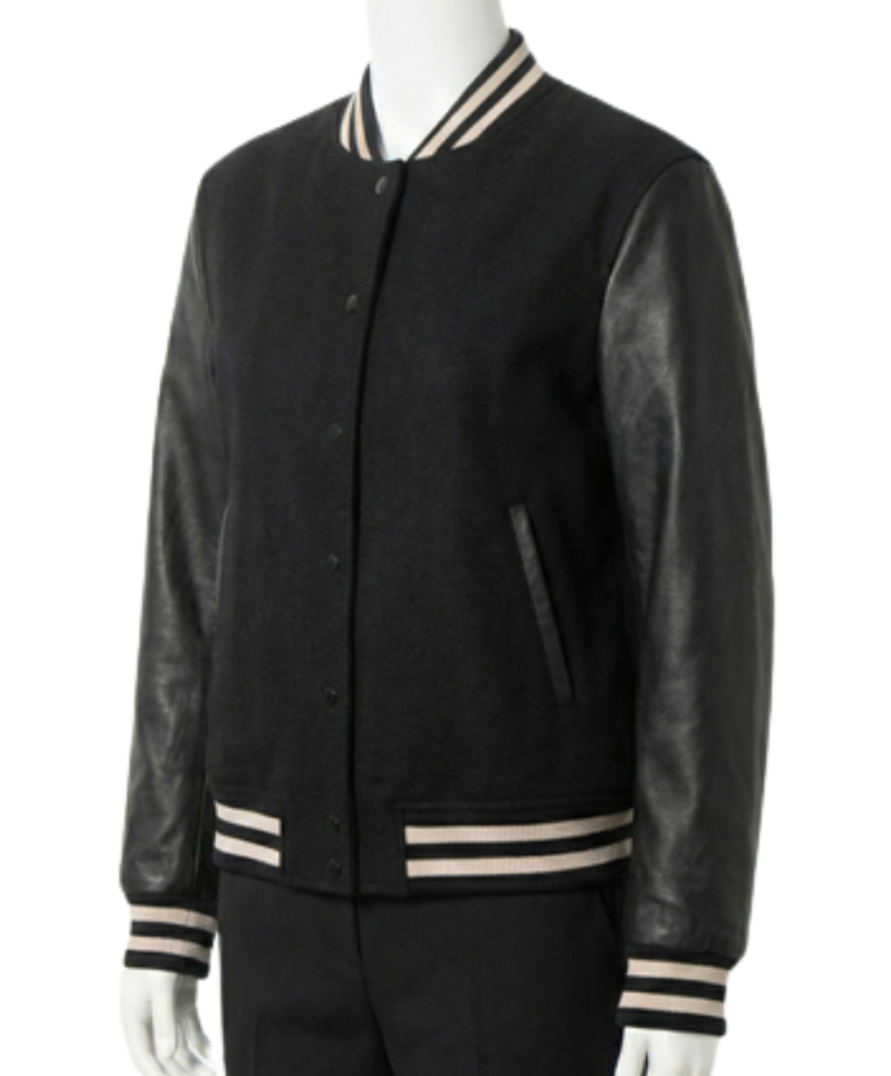 A luxury black wool and leather design featuring the black varsity jacket mens style.