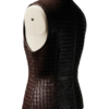 A handcrafted burnt coffee braided leather body warmer women showing the womens black leather vest texture.