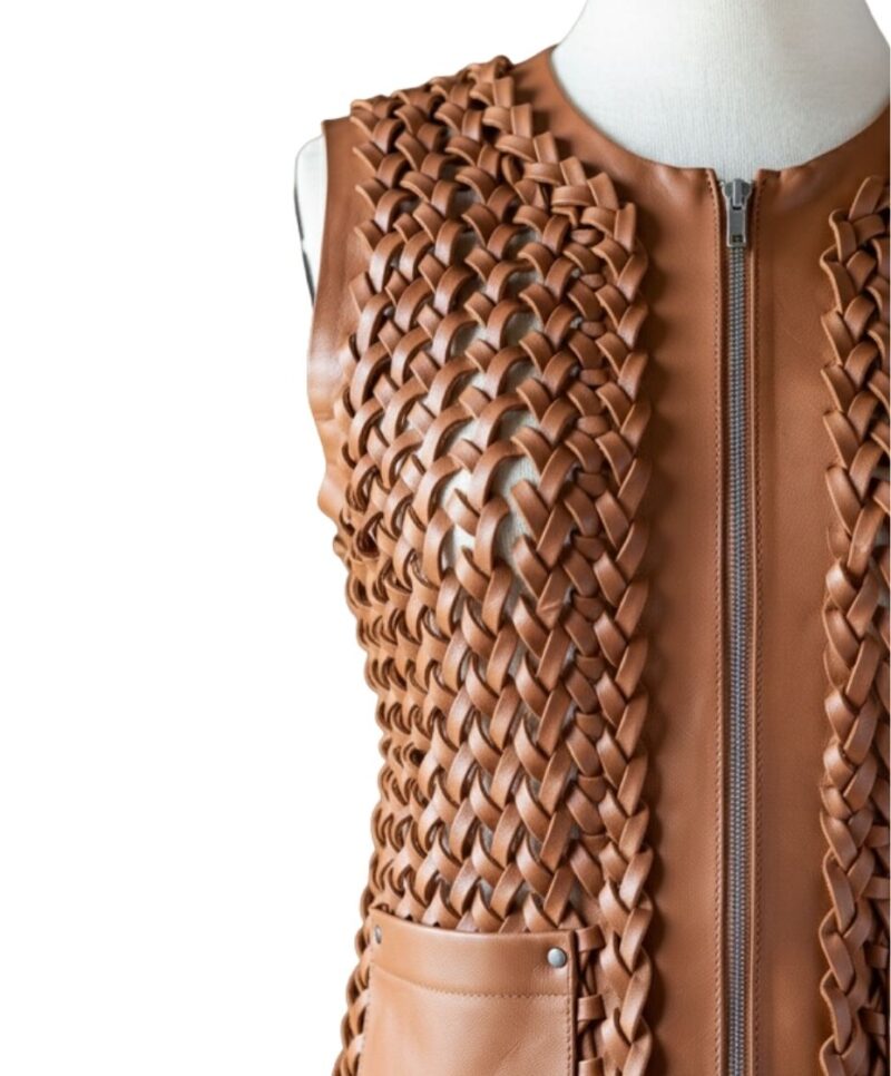 A high-end leather vest women featuring a detailed women's leather vest woven texture in metallic copper.