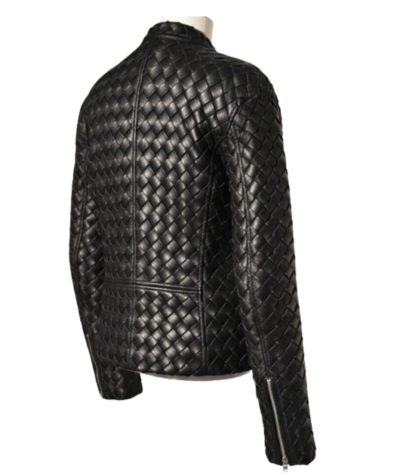 A high-end leather jacket women featuring a detailed leather black leather jacket woven texture.