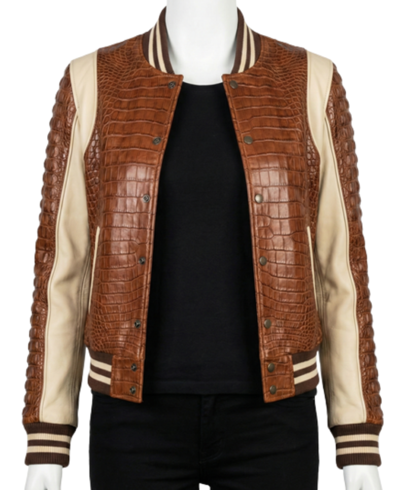 A high-end saddle brown crocodile leather outer garment for women.