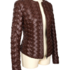 A handcrafted espresso woven leather jacket women showing the brown leather jacket female texture.