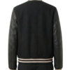 A luxury black wool and leather design featuring the black varsity jacket mens style.