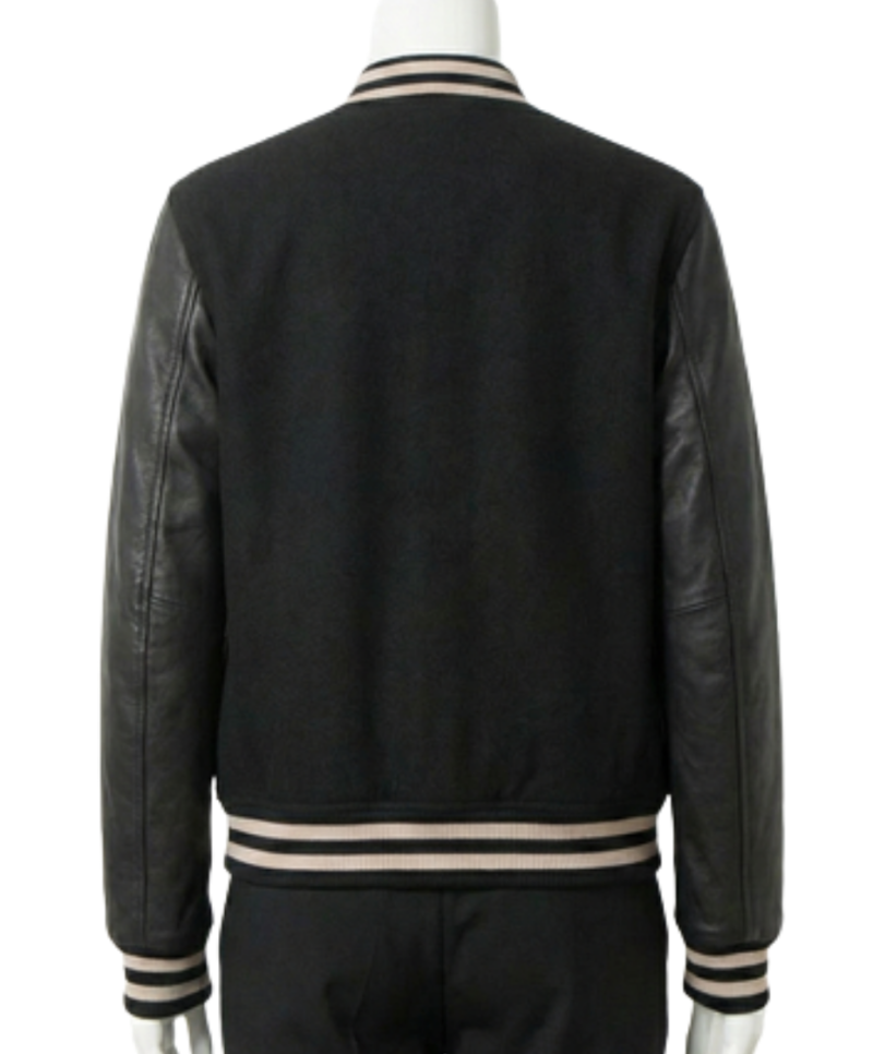 A luxury black wool and leather design featuring the black varsity jacket mens style.