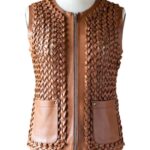 A high-end leather vest women featuring a detailed women's leather vest woven texture in metallic copper.