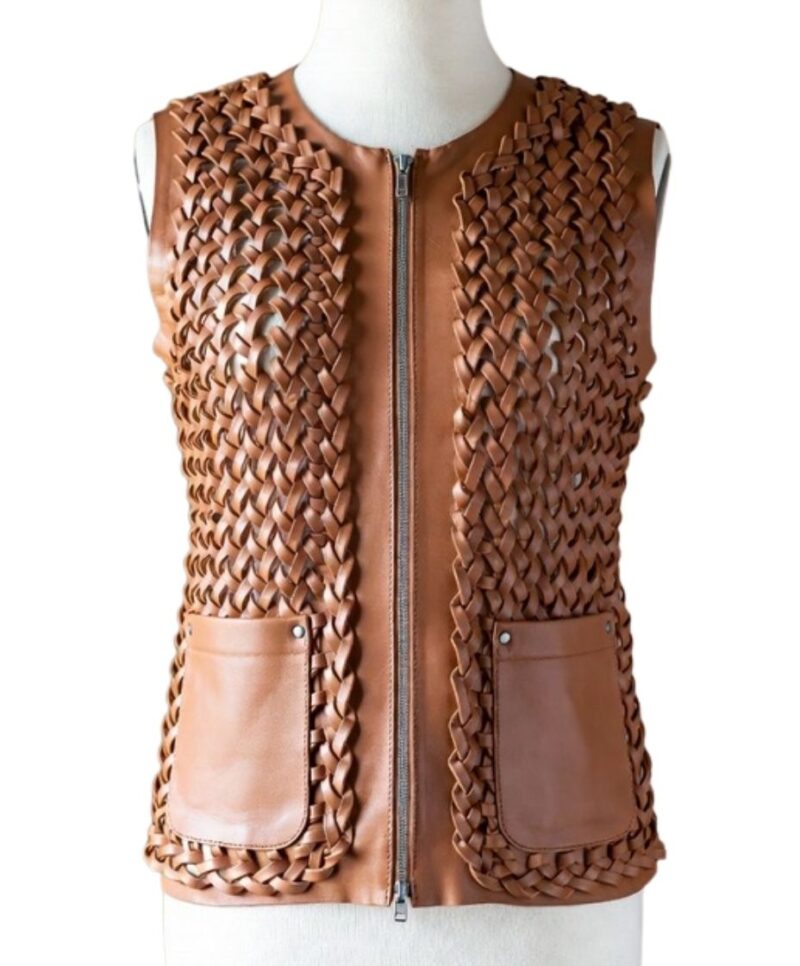 A high-end leather vest women featuring a detailed women's leather vest woven texture in metallic copper.