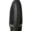 A luxury black wool and leather design featuring the black varsity jacket mens style.
