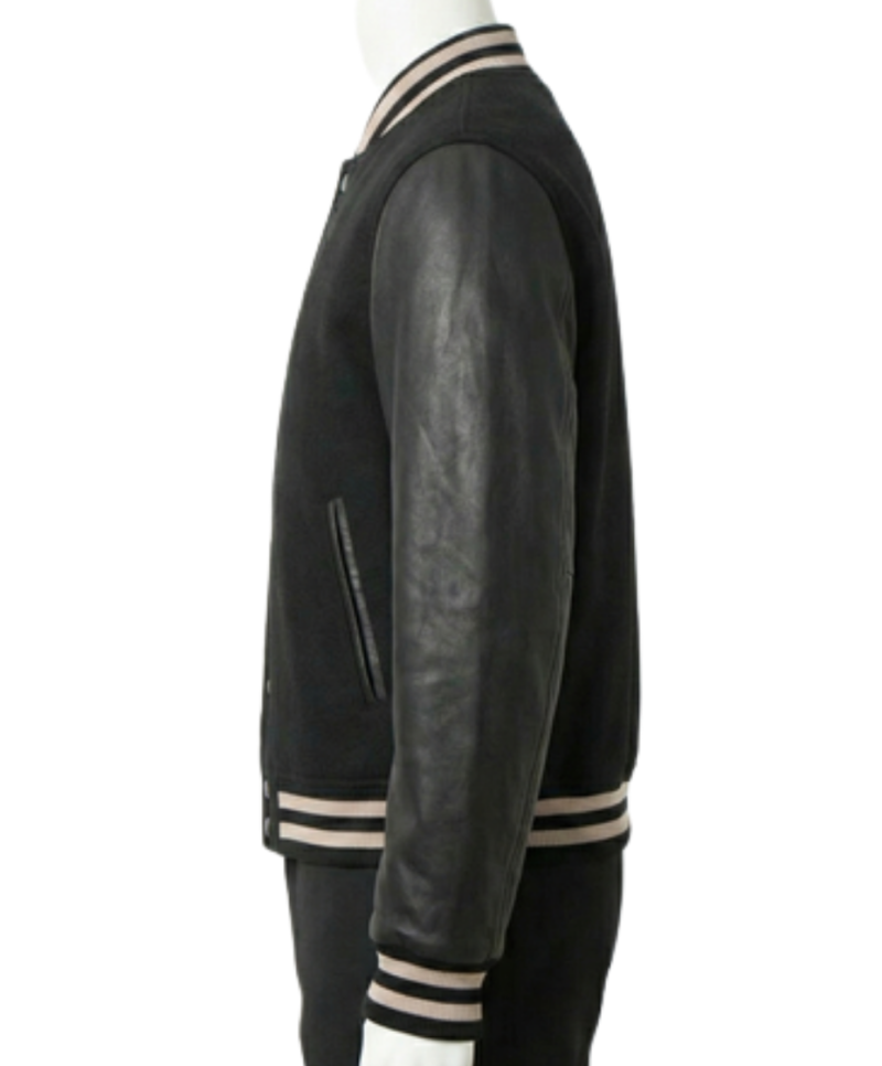 A luxury black wool and leather design featuring the black varsity jacket mens style.